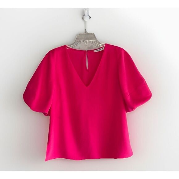 Amanda Uprichard Top Hot Pink Puff Sleeve V Neck Blouse Preppy Barbie Office XS - Picture 3 of 14